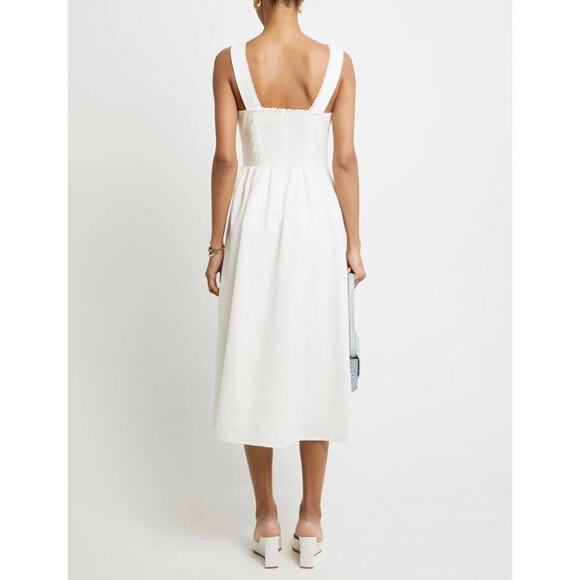 o.p.t Marina White Linen Midi Dress – Fitted Bodice w/ Lace Trim, Size 2 - Picture 3 of 11